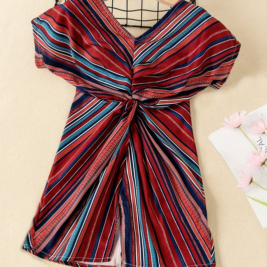 Girls Bohemian Style Dress Short Sleeve Striped V-neck Dress