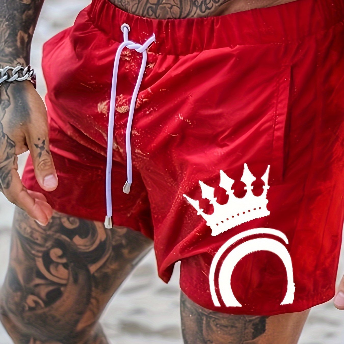 Men's Crown Pattern Shorts With Pockets Active Drawstring Shorts