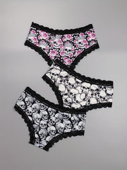 3 Pack Plus Size Gothic Skull & Rose Print Lace Trim Panties Set