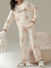 Bear Print Pajama Set Long Sleeve Crew Neck Top & Pant