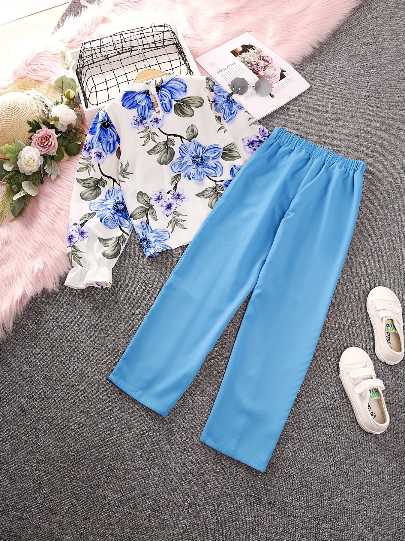 2pcs Girls Fall Clothes Long Ruffled Sleeve Flower Print Tops & Pants Set