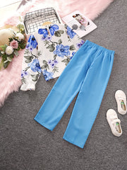 2pcs Girls Fall Clothes Long Ruffled Sleeve Flower Print Tops & Pants Set