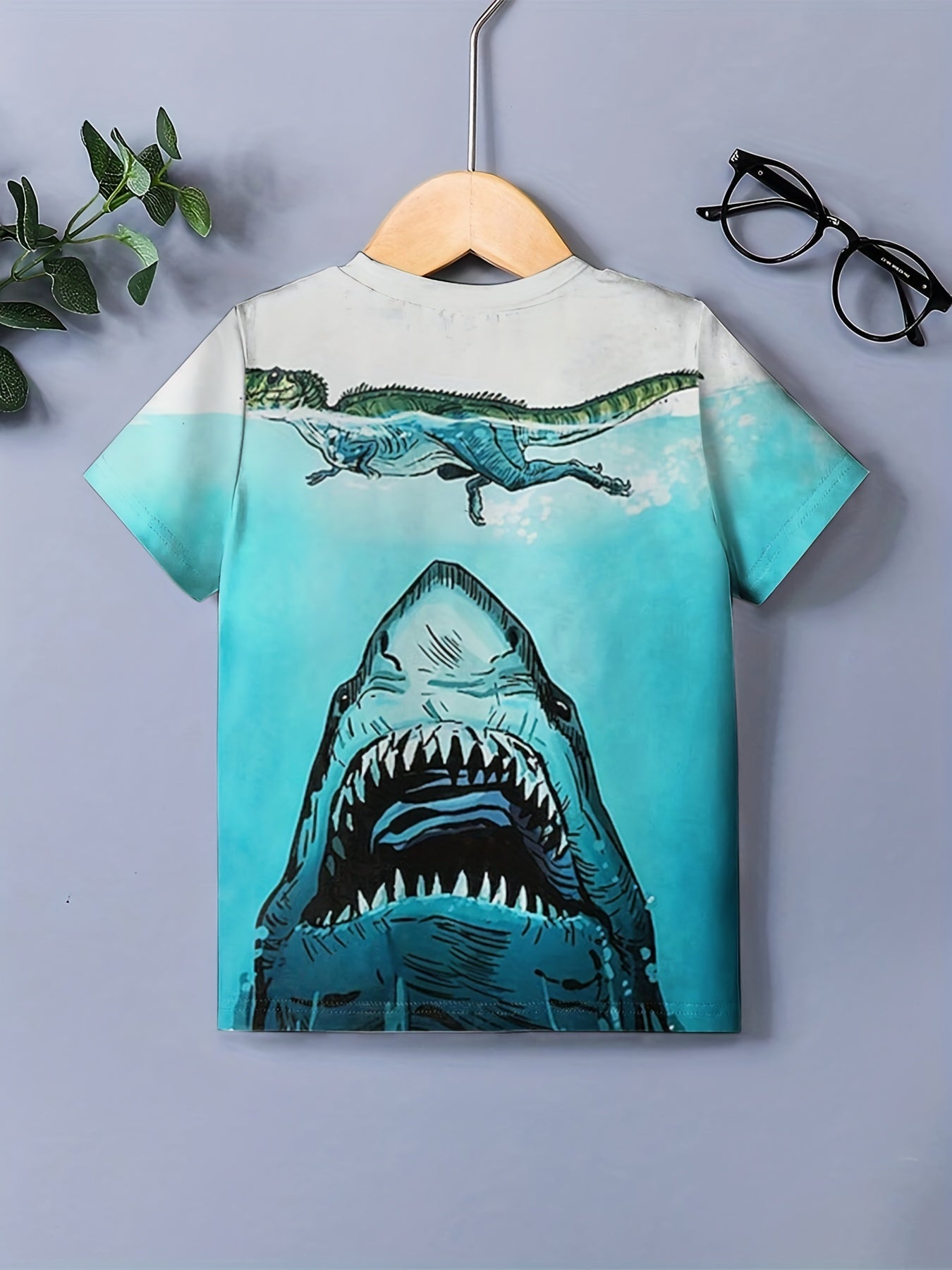 3D Shark & Dino Print Kids Graphic T Shirt Short Sleeve Tee for Boys & Girls