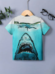 3D Shark & Dino Print Kids Graphic T Shirt Short Sleeve Tee for Boys & Girls