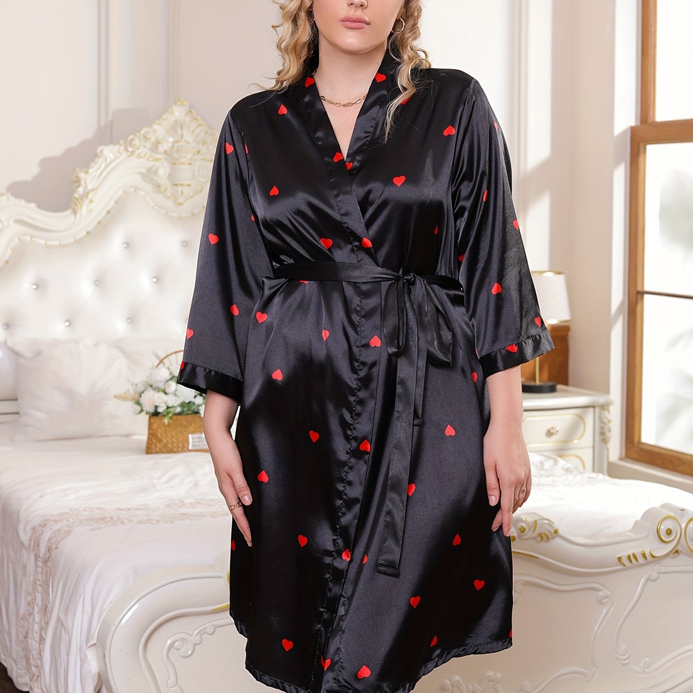 Heart Print Silk Satin Robe Long Sleeve Nightgown
