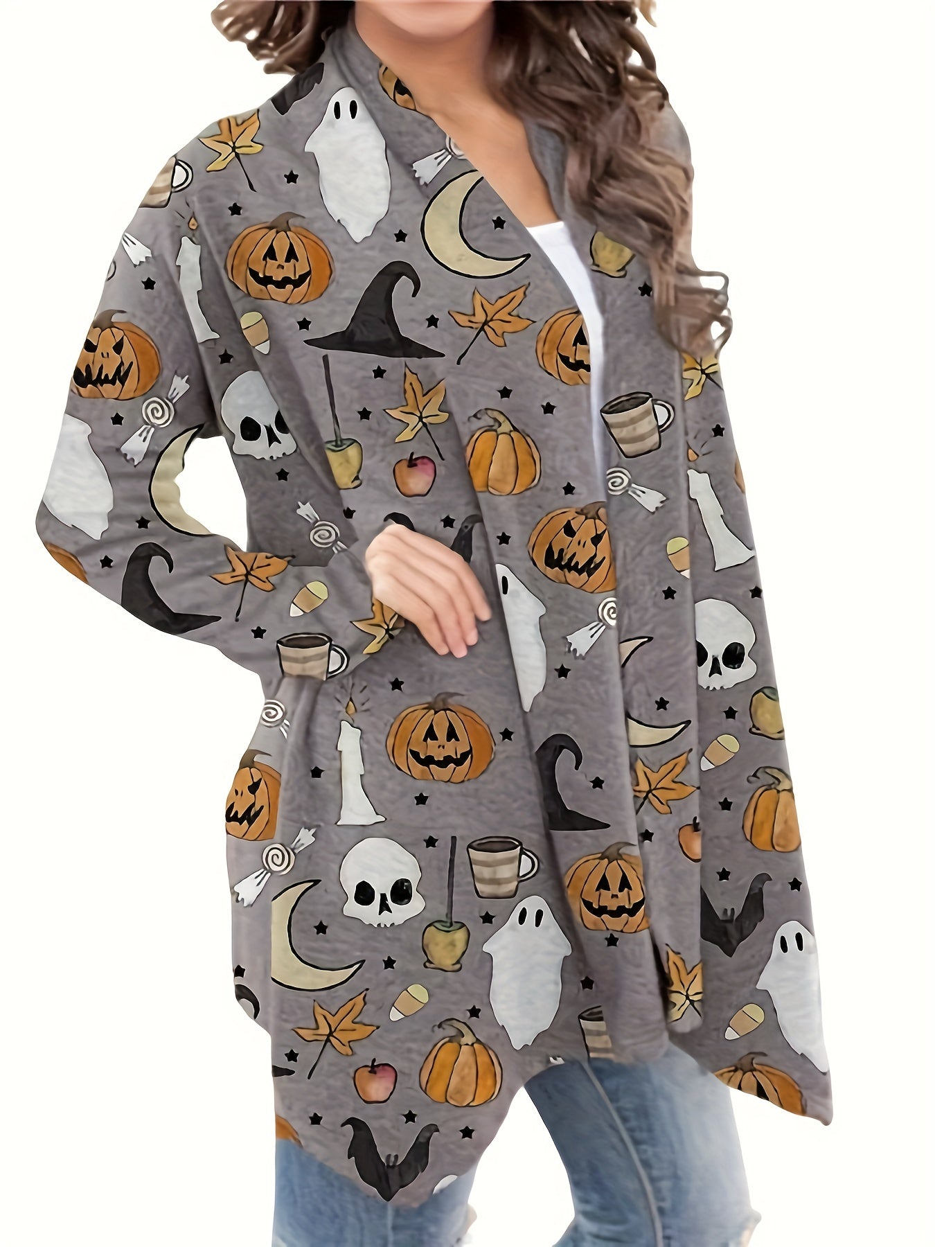 Halloween Allover Print Cardigan Open Front Long Sleeve Cardigan