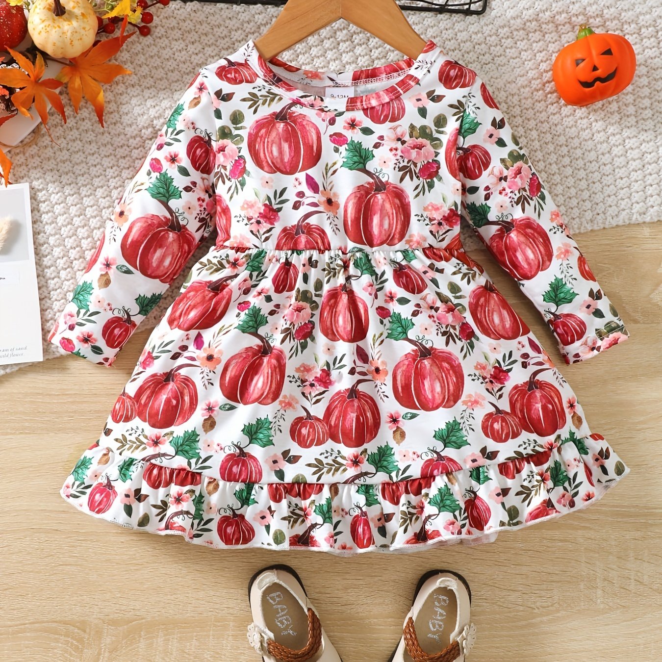 Halloween Baby Girl's Pumpkin Print Dress Long Sleeve
