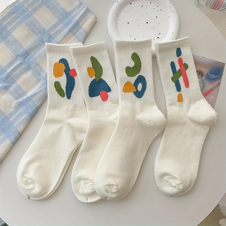 8 Pairs Graffiti Pattern Mid Tube Socks Soft Women's Stockings