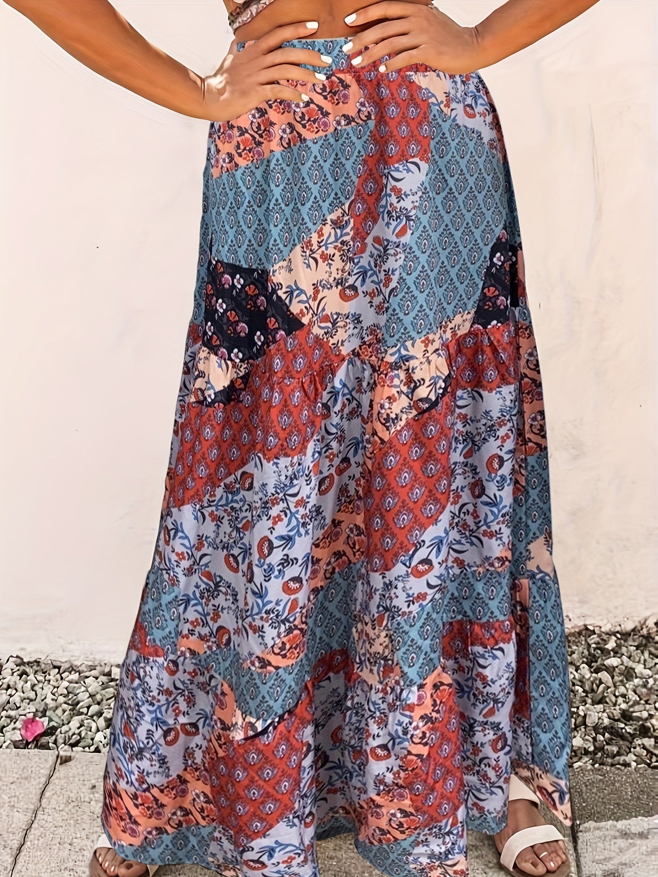 Boho Skirt Women's Plus Floral Print Pleated Maxi Skirt