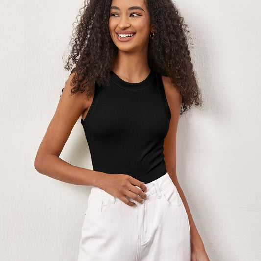 Ribbed Sports Tank Top Round Neck Sleeveless Women's Tops