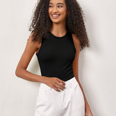 Ribbed Sports Tank Top Round Neck Sleeveless Women's Tops