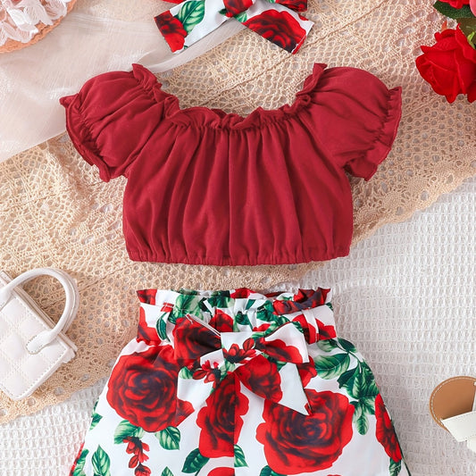 3pc Baby Girls Crop Tops & Floral Shorts Set With Belt & Headband