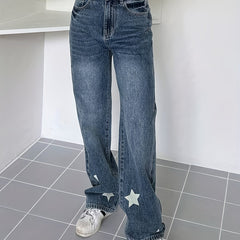 Star Print Washed Straight Leg Jeans Zipper Button Closure