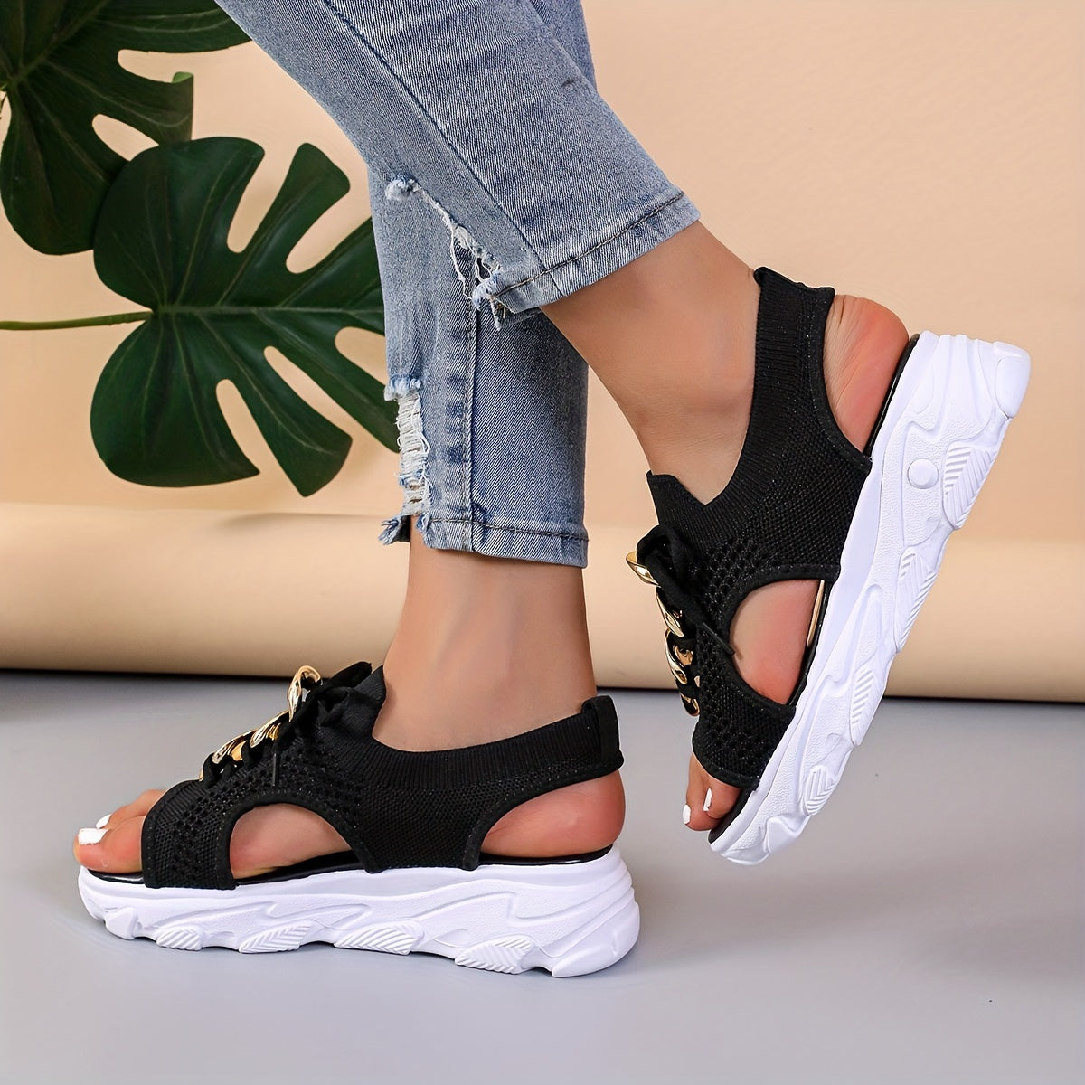 Mesh Breathable Sandals with Metal Buckle Decor