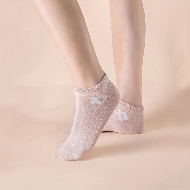 5 Pairs Floral Print Ankle Socks Ruffle Trim No Show Stockings