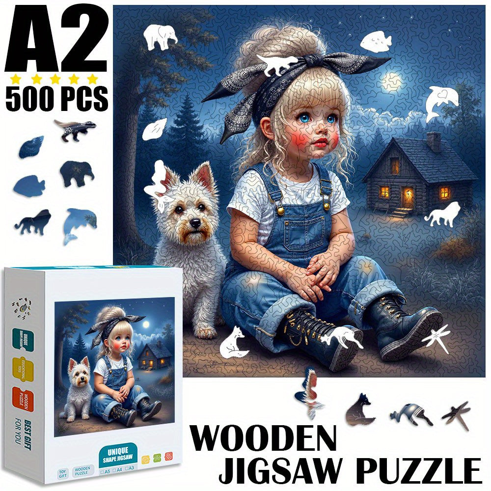 Wooden Jigsaw Puzzle Enchanting Girl & Dog Moonlit Night Scene Animal Si