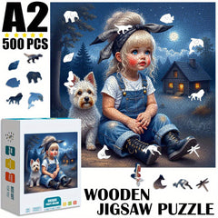 Wooden Jigsaw Puzzle Enchanting Girl & Dog Moonlit Night Scene Animal Si