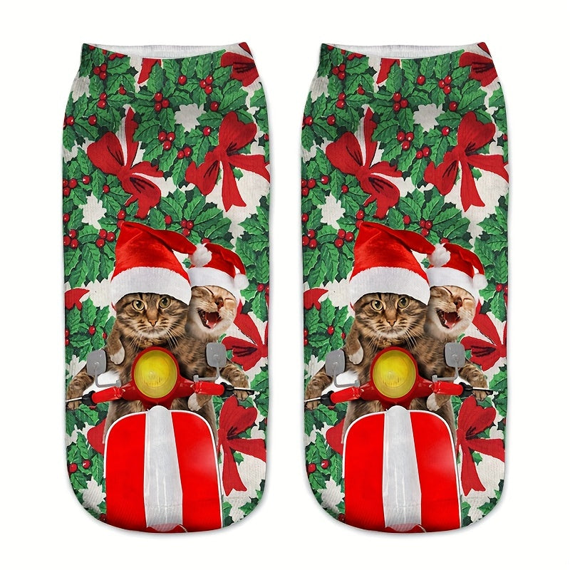 Cartoon Cat Print Crew Socks 2 Pairs Women's Stockings