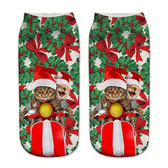 Cartoon Cat Print Crew Socks 2 Pairs Women's Stockings