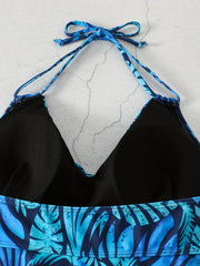 Vacay Tankini Set Leaf Print Halter Top & Shorts Swimsuit 2 Piece Set