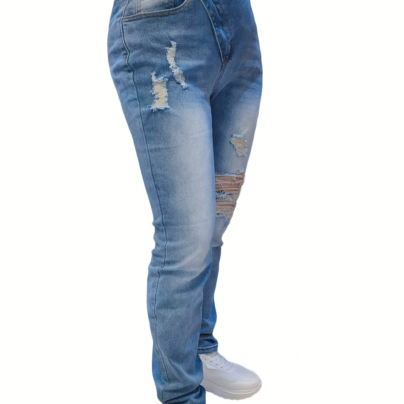 Ripped Asymmetric Mid Waist Button Fly Stretch Jeans