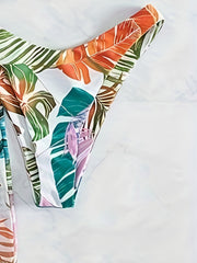 Leaf Print Spaghetti Strap 3 Piece Swimsuit & Cover Up Pants