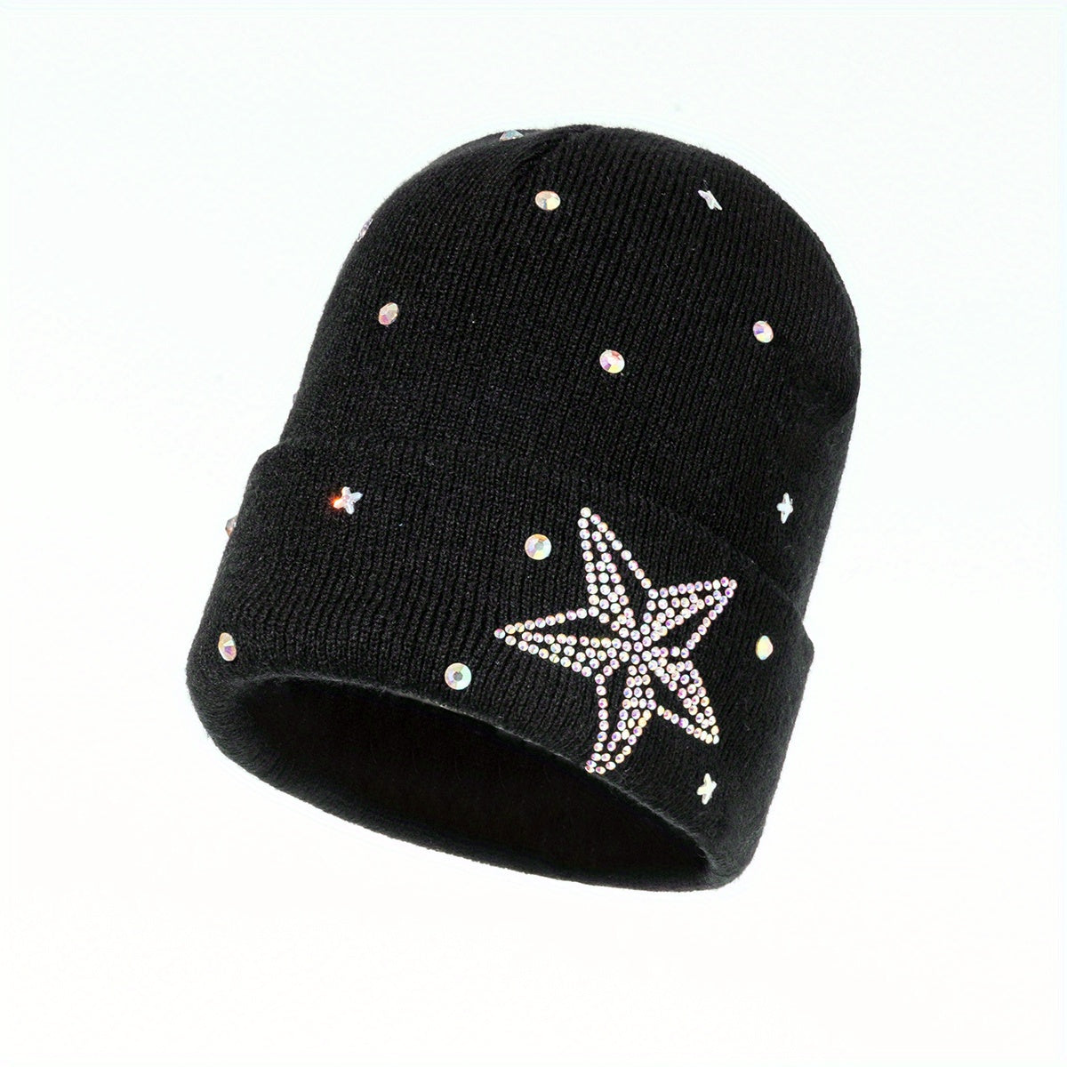 Rhinestone Star Beanie Casual Knit Hat Warm Skull Cap