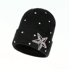 Rhinestone Star Beanie Casual Knit Hat Warm Skull Cap