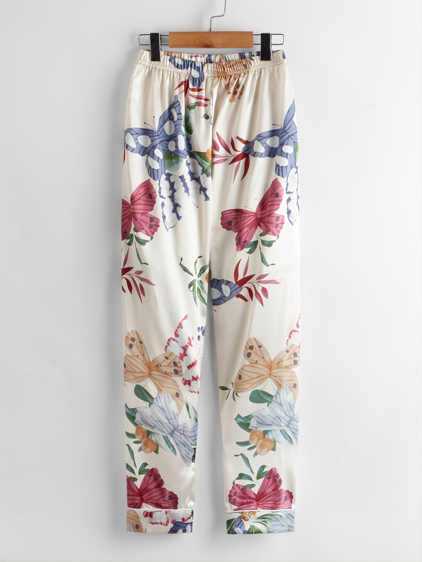 Beige Butterfly Flowers Lapel Short Sleeved Pants Casual Home Wear Set