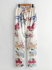 Beige Butterfly Flowers Lapel Short Sleeved Pants Casual Home Wear Set
