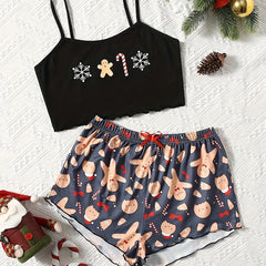 Christmas Print Pajama Set Top & Shorts Women's Sleepwear