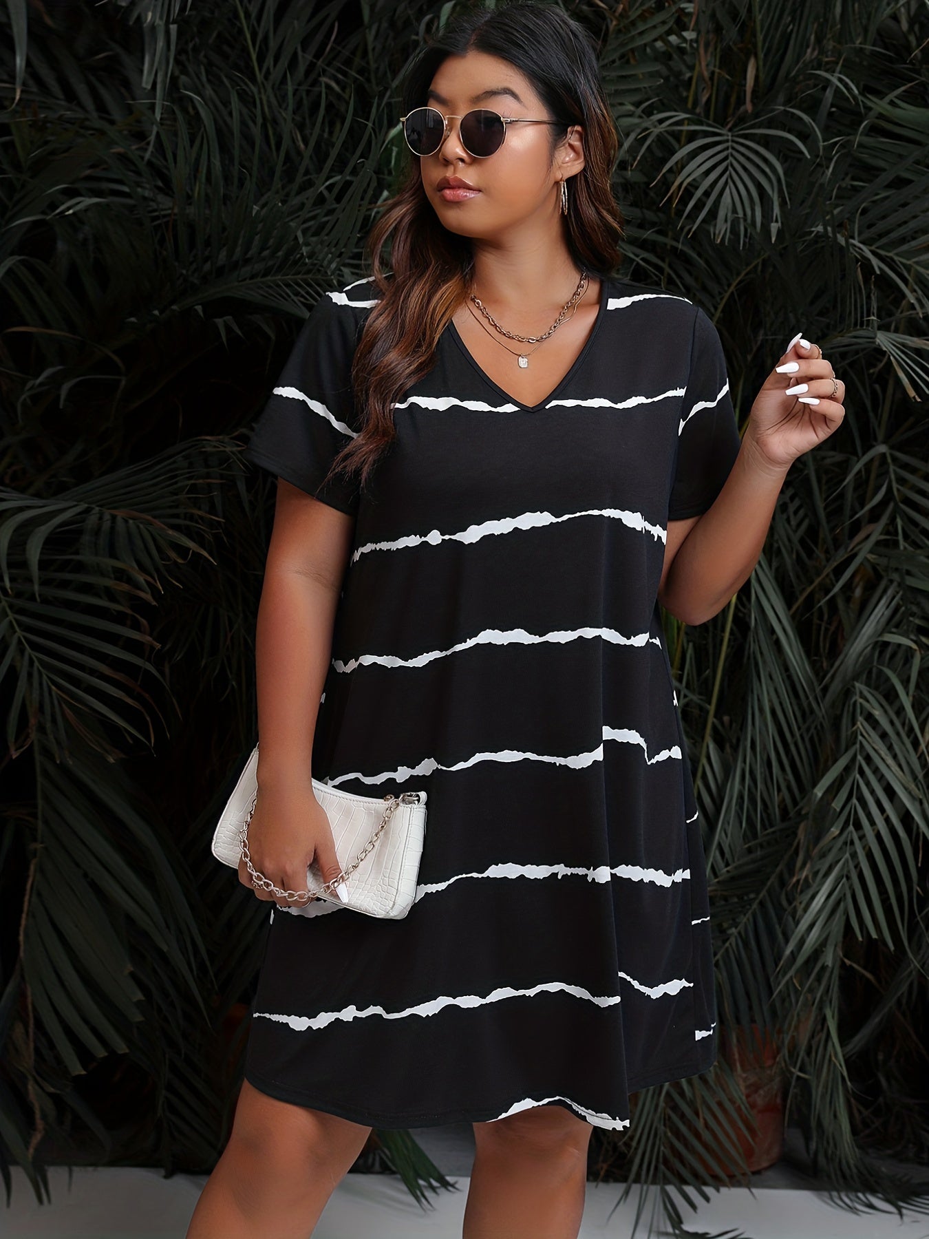 Casual V-Neck Dress Colorblock Stripe Short Sleeve