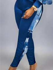 Patchwork Casual Two piece Set Crew Neck Long Sleeve Tops & Long Length Pants