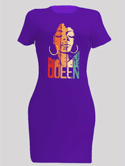 Queen Print Slim Dress Sexy Crew Neck Short Sleeve Women's Clothing