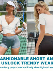 Women's Wrap Crop Tops V Neck Athletic Gym Shirts