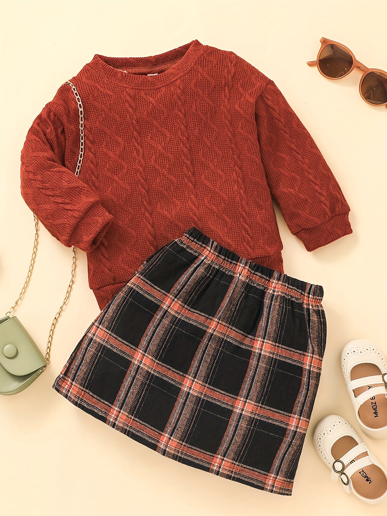 Girl's Knitted Jacquard Sweatshirt & Plaid Skirt Set for Spring Autumn