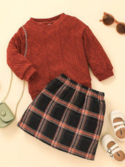 Girl's Knitted Jacquard Sweatshirt & Plaid Skirt Set for Spring Autumn