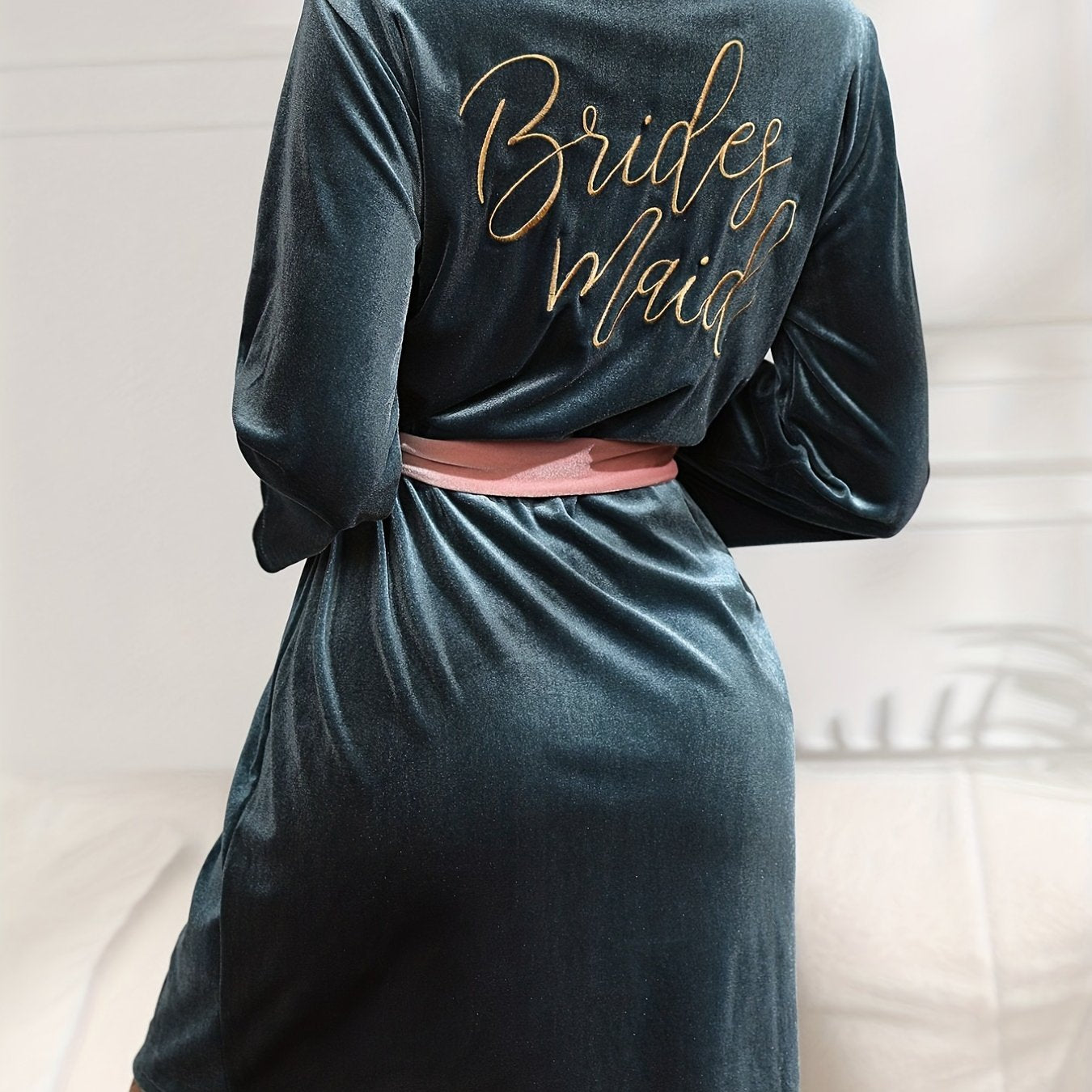 Letter Embroidery Night Robe Colorblock V Neck Robe Women's Sleepwear
