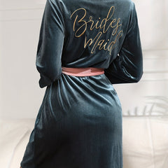 Letter Embroidery Night Robe Colorblock V Neck Robe Women's Sleepwear