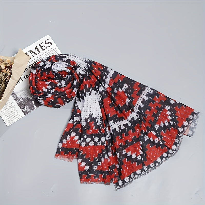 Geometric Dotted Print Red Scarf Hijab Vintage Windproof Head Wrap