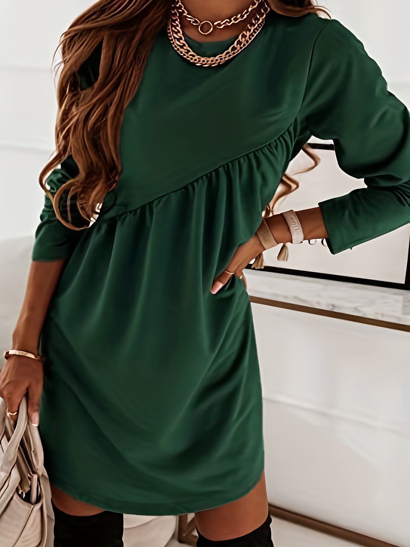Solid Ruched Long Sleeve Mini Dress