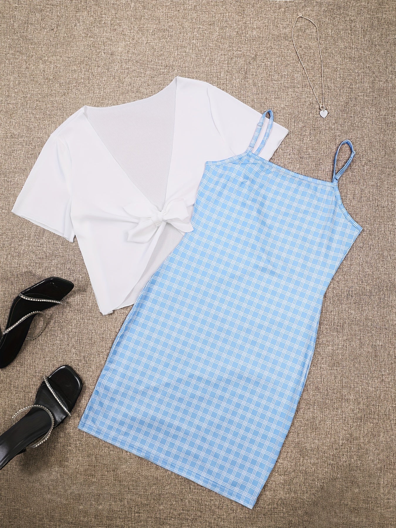 Plaid Dresses & Open Front Tops Two Pieces Set Outfits Women's Clothing