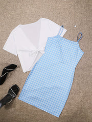 Plaid Dresses & Open Front Tops Two Pieces Set Outfits Women's Clothing