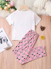 Girls Panda Graphic Pajamas Set Crew Neck Top & Pants Sleepwear