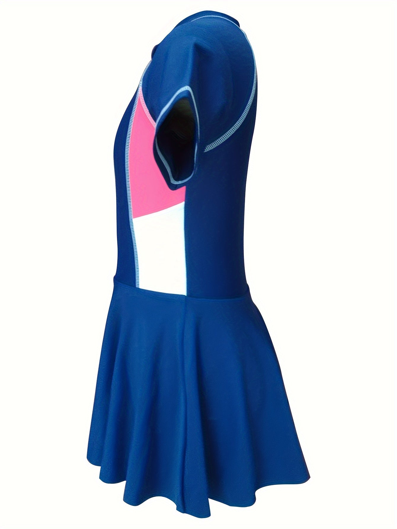 Girls Colorblock Short Sleeve 1pc Swimwear With Swim Cap