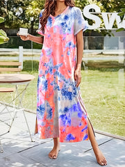 Tie Dye Print Dress V-Neck Short Sleeve Casual Dress