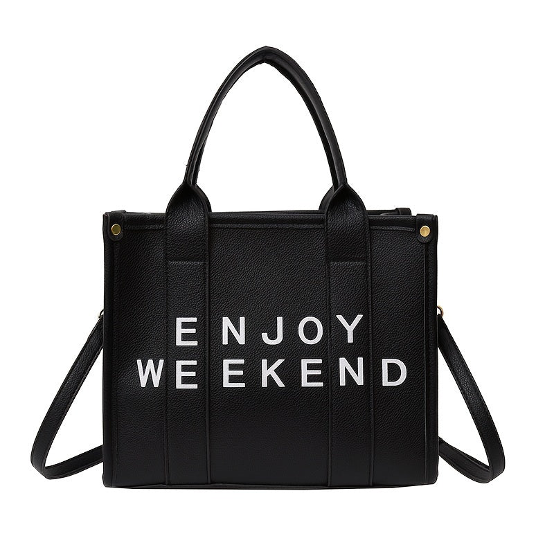 Stylish Letter Print Tote Bag Vegan Leather Satchel Purse for Office & Shopping
