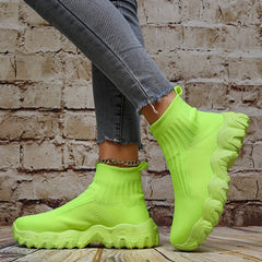 Women's Platform Knitted Sneakers Comfy Slip On High Top Sports Shoes