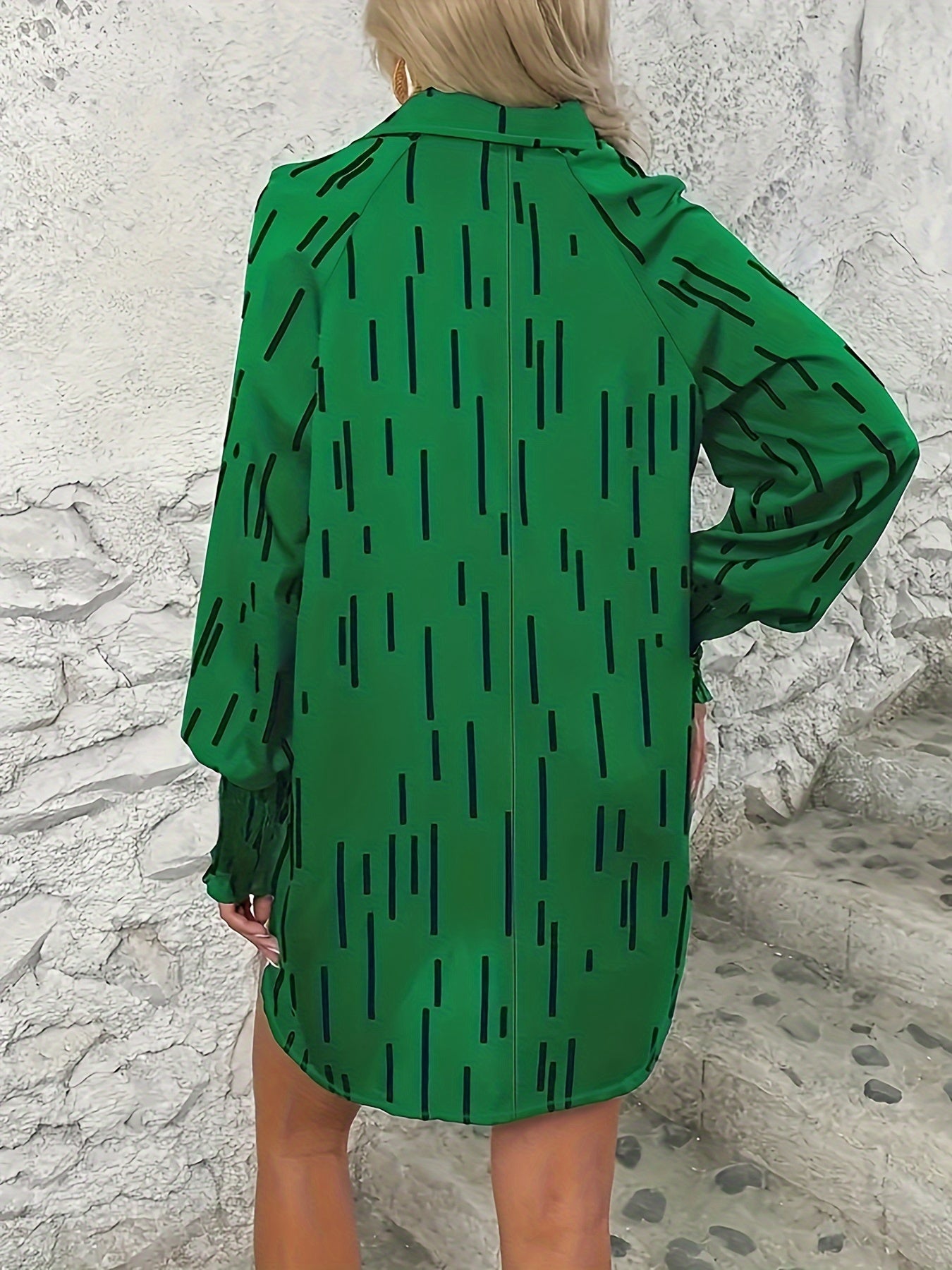Stripe Print Lantern Sleeve V Neck Tunic Top