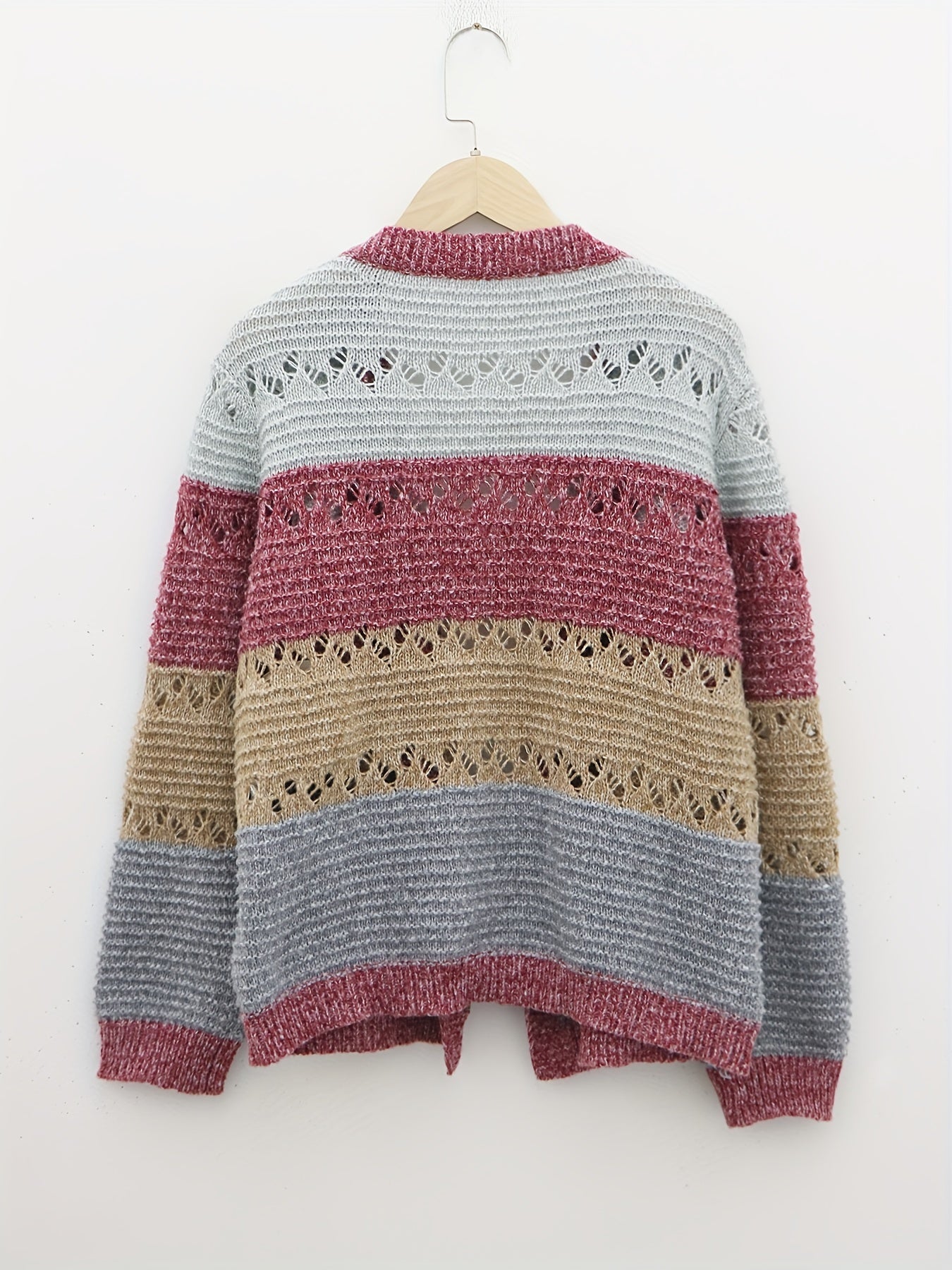 Eyelet Knit Cardigan Open Front Long Sleeve Sweater